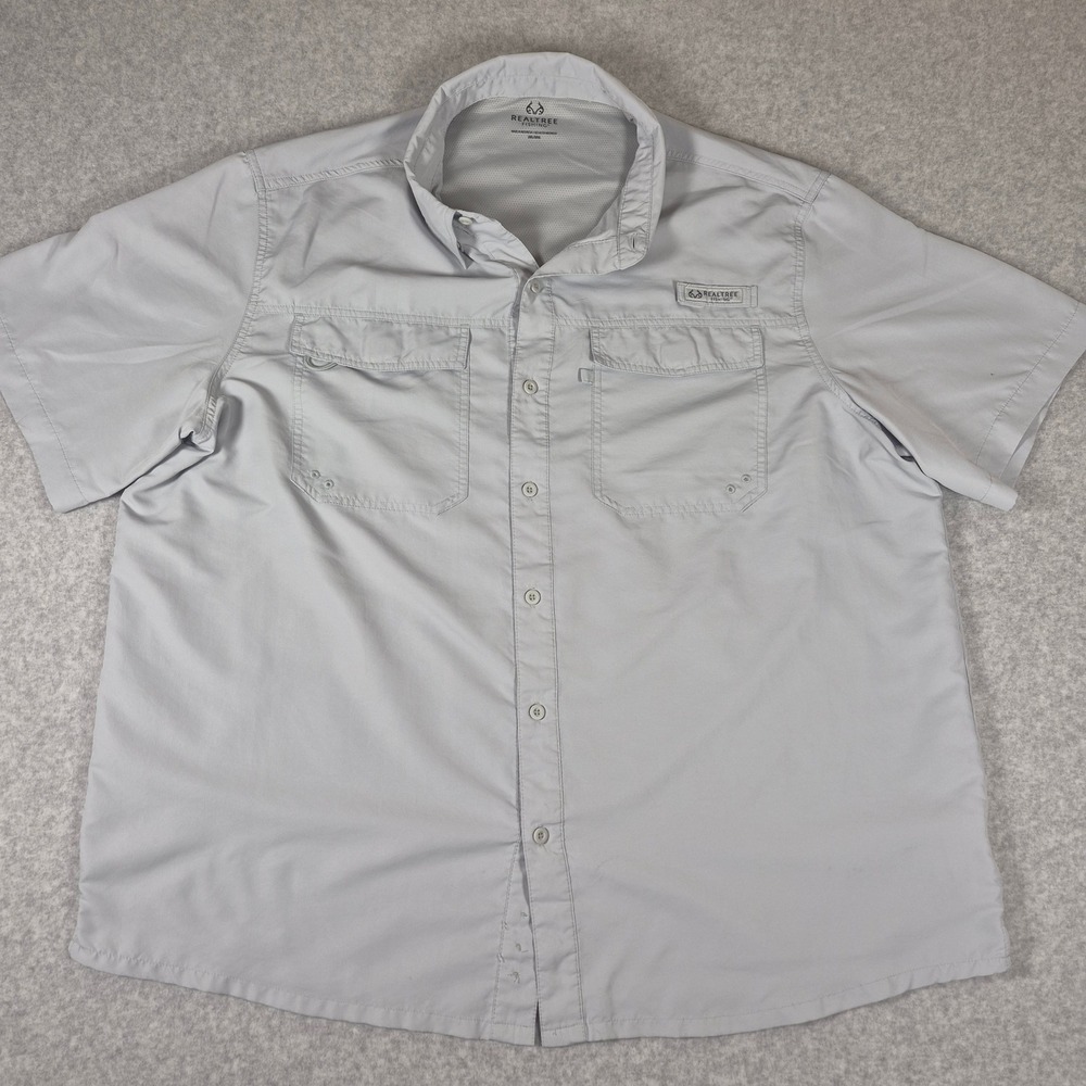 Realtree Fishing Shirt Mens 2XL Gray Short Sleeve Button Down Ventilated Pockets